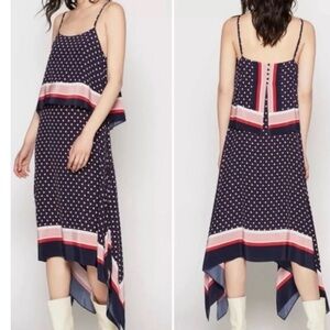 Joie Navy Polka Dot Midi Dress with Pink and Red Stripe Trim